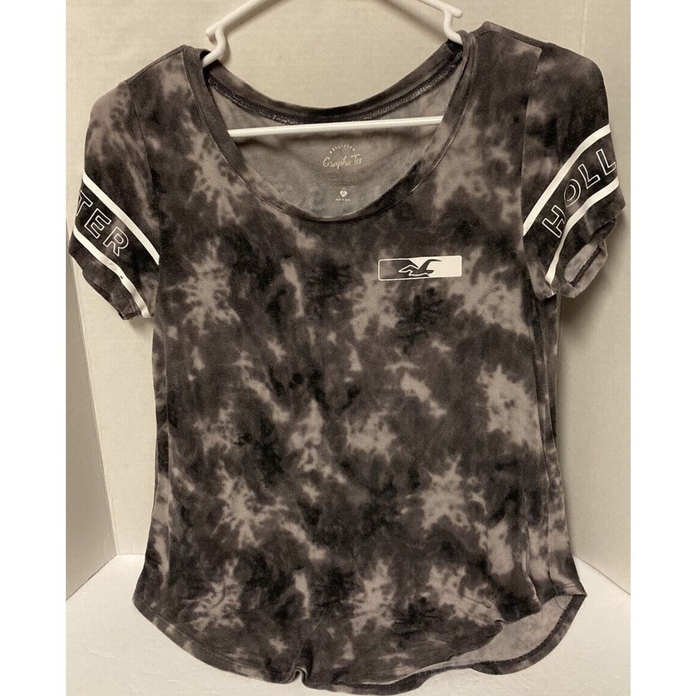 Hollister California Tie Dye Logo Women's Juniors T-Shirt Size XS Black Gray
